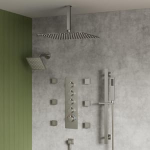 Thermostatic Valve 15-Spray 16 and 6 in. Dual Ceiling Mount Shower Head and Handheld Shower in Brushed Nickel