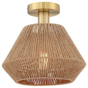 Bohe 12 in. 1-Light Brass/Tan Bohemian Woven Rope Semi-Flush Mount Ceiling Light