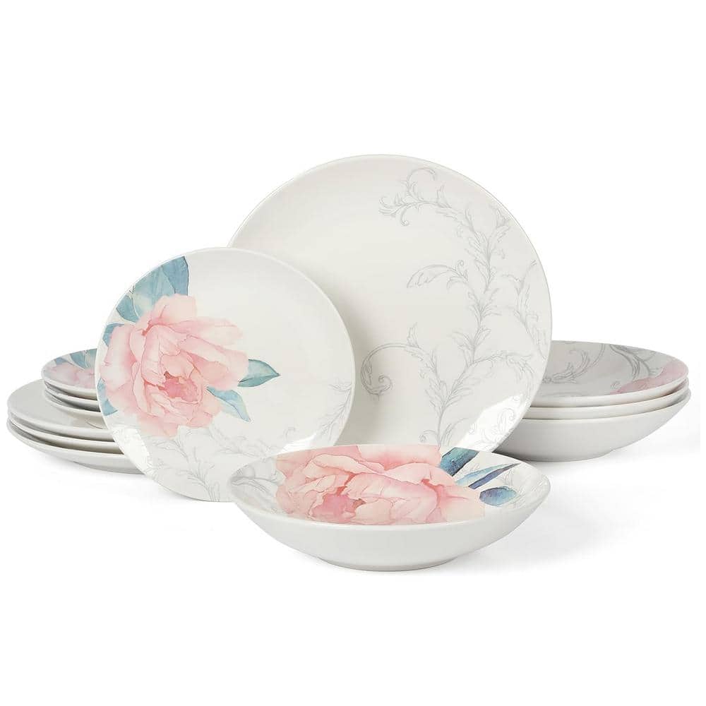 White Ceramic Floral 12-Piece Dinnerware Set