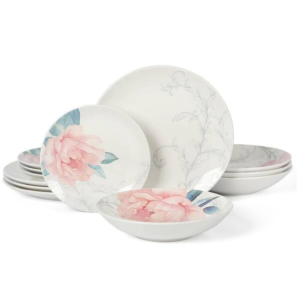 MARTHA STEWART Peony 12 Piece Round Fine Ceramic Dinnerware Set in White and Pink