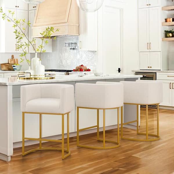 LUE BONA Jessica 26 in.Beige Modern Counter Bar Stool Fabric Upholstered Barrel Counter Stool with Gold Metal Frame 3-pack