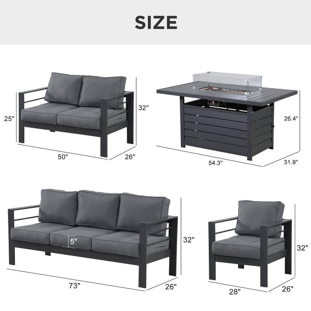 Dimension diagram showing the sizes of the sofa, loveseat, armchair, and fire pit table.