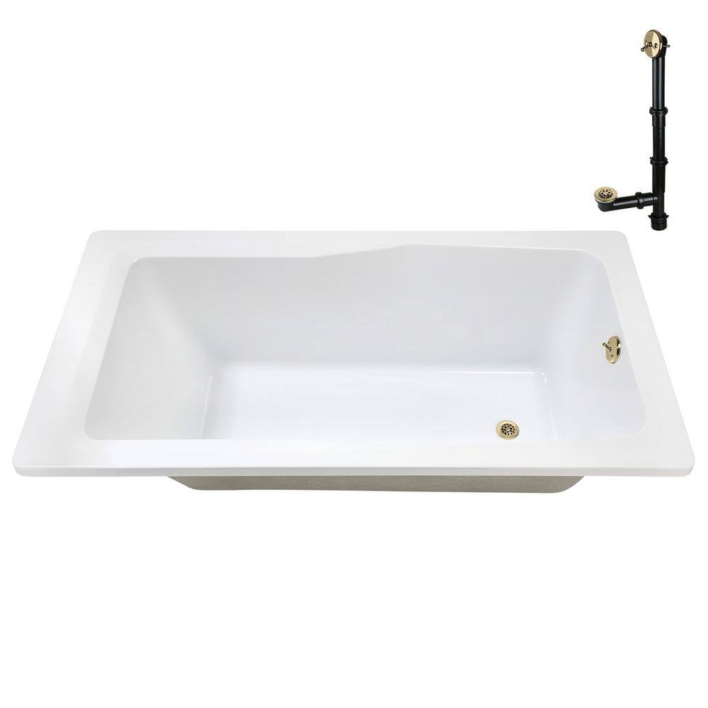 66'' Glossy White Acrylic Soaking Drop-In Bathtub with Polished Brass Drain