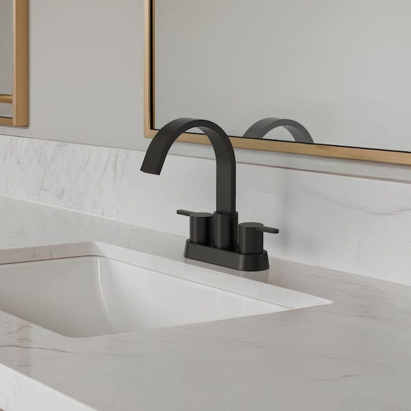 4 in. Waterfall Centerset Double-Handle Bathroom Sink Faucet Drain Included in Matte Black