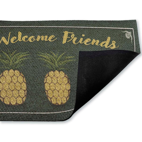 Welcome Friends Pineapples Green 18 in. x 30 in. Polyester Non-Slip Outdoor Door Mat