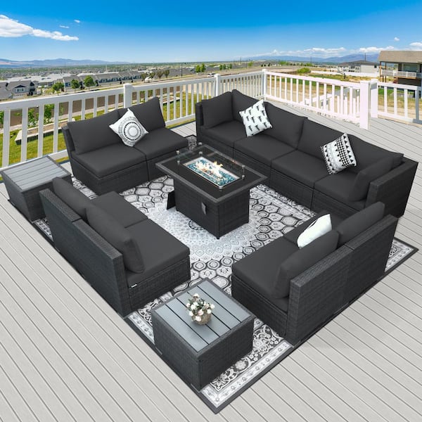 NICESOUL Luxury 13-Piece Dark Gray Wicker Metal Patio Fire Pit Sectional Seating Set with Grey Cushions and 43 in. Firepit Table