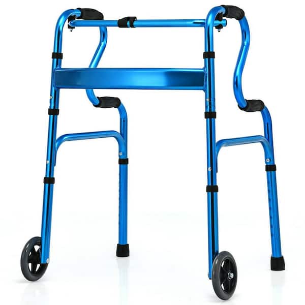 WELLFOR Folding Aluminum Wheeled Stand-Assist Walker in Blue
