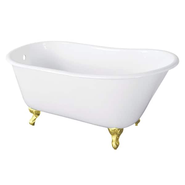 Onamia 56.9 in. x 27.9 in. Cast Iron Oval Clawfoot Soaking Bathtub in White/Polished Brass