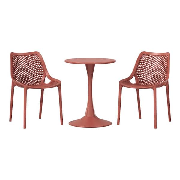 Frond and Form Outdoor Patio Modern 3-Piece Round HDPE Plastic Bistro Dining Set with Stackable Chairs, Red