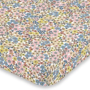 Retro Floral Blue Pink Yellow and Peach Super Soft Mini Polyester Crib Sheet