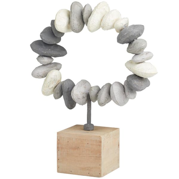 Litton Lane 14 in. Gray Metal Circular St1 Abstract Sculpture with Brown Wooden Base