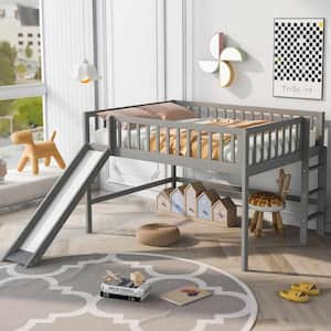 Full Size Low Loft Bed with Ladder and Slide, Gray