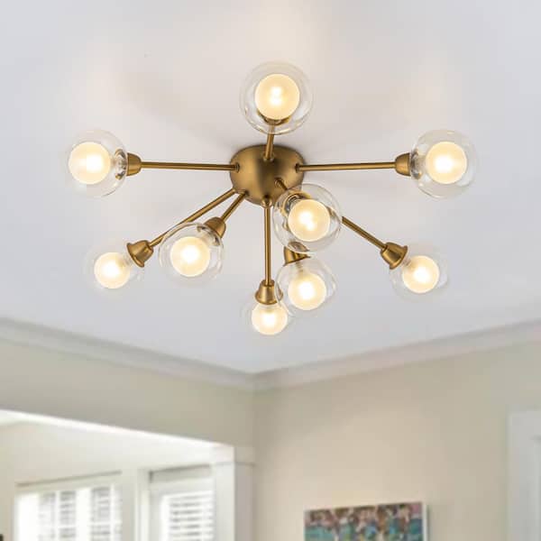 HUOKU Luna 9-Light 27.6 in. W Sputnik Ceiling Light Modern Brass Semi Flush Mount Chandelier with 2-layer Glass Shade