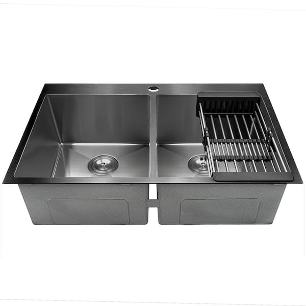 All-in-One Gunmetal Matte Black Finish Stainless Steel 33 in. Double Bowl Drop-In Kitchen Sink with Kitchen Faucet