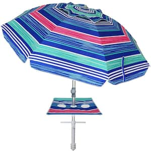 7 ft. Heavy Duty High Wind Beach Umbrella with Sand Anchor and Built-in Table Tray for Garden Pool, Blue and Red Stripes