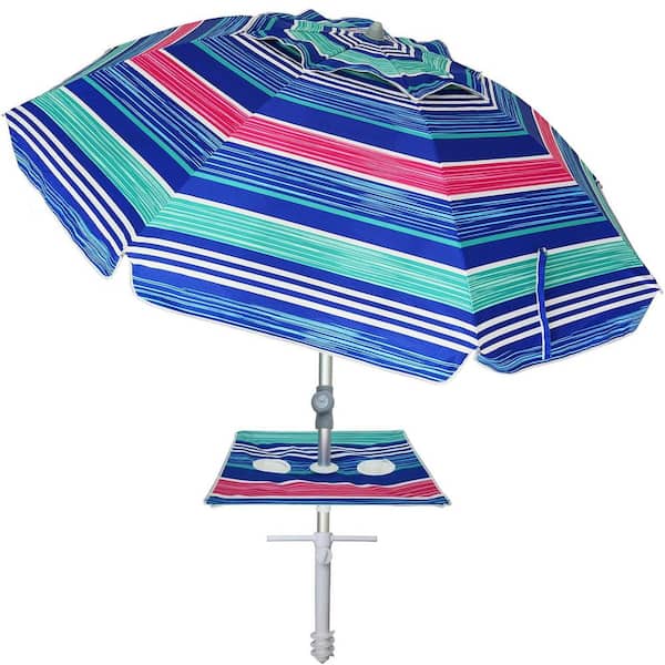 Angel Sar 7 ft. Heavy Duty High Wind Beach Umbrella with Sand Anchor and Built-in Table Tray for Garden Pool, Blue and Red Stripes