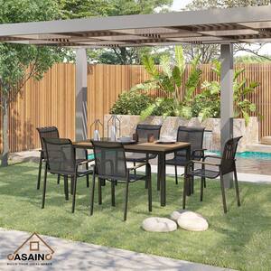 Black 7-Piece Wood Outdoor Dining Set in Luxury Faux