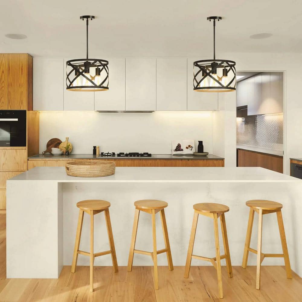 Ludwig Black Metal Drum Pendant Light with LED Bulbs