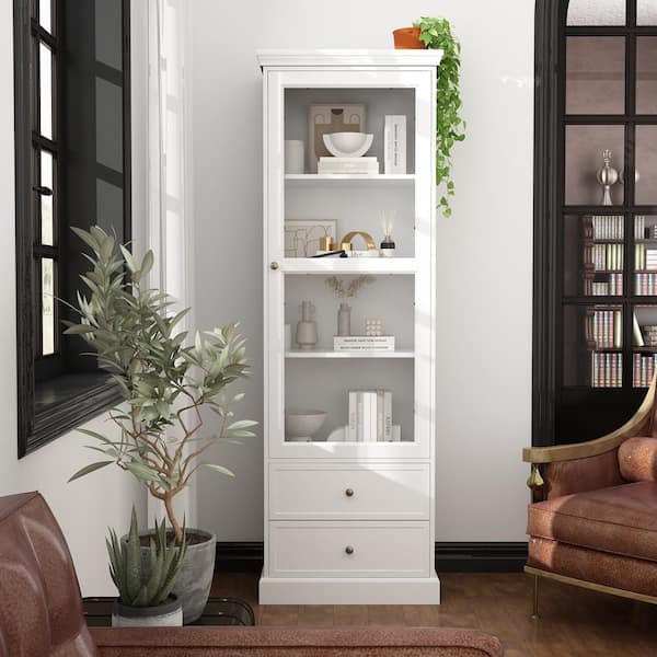 FUFU&GAGA 68.9 in. H x 17.7 in. W White Wood 4-Tier Adjustable Shelves Standard Bookcase Bookshelf With Doors and 2-Drawers