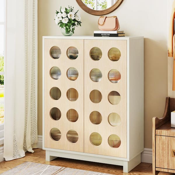TRIBESIGNS WAY TO ORIGIN 42.5 in. H x 31.5 in. W. Wood Color Shoe Cabinet with Led Light, 5-Tier Shoe Storage Cabinet for Entryway, Closet