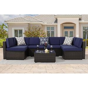 Brown 7-Piece Rattan Wicker Outdoor Patio Sectional Sofa Set with Thick Navy Blue Cushions and Tempered Glass Table