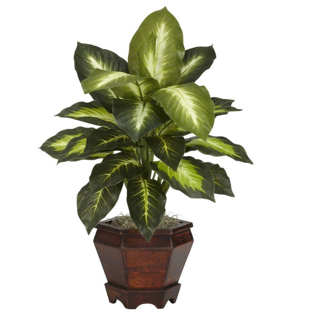 Lush Two-Tone Dieffenbachia Silk Plant Duo with Wooden Vase