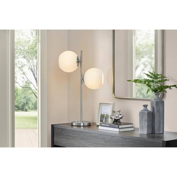 Vista Heights 24.5 in. Brushed Nickel 2-Light Standard Table Lamp With Opal White Glass Globe Shade