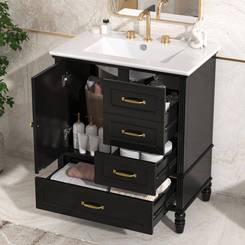 30 in. W x 18.5 in. D x 34.4 in. H Single Sink Freestanding Bath Vanity in Black with White Ceramic Top price history on PriceWatchPro