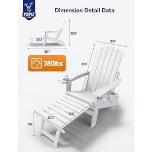 White Outdoor Weather Resistant Folding Adirondack Chair with Integrated Pullout Ottoman and Cup Holder