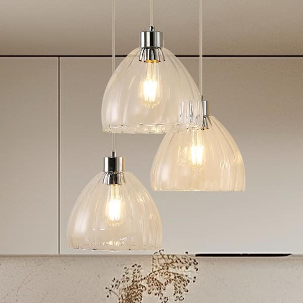 60-Watt 3-Light Chrome Cluster Pendant Light for Living Room with Dome Clear Glass Shade and No Bulbs Included