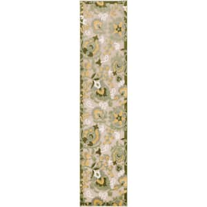 Aloha Ivory Green 2 ft. x 6 ft. Floral Contemporary Indoor/Outdoor Runner Area Rug