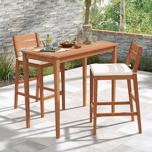 3-Piece Patio Eucalyptus Wood Bar Set Bar Height Outdoor Dining Set with Off White Cushions