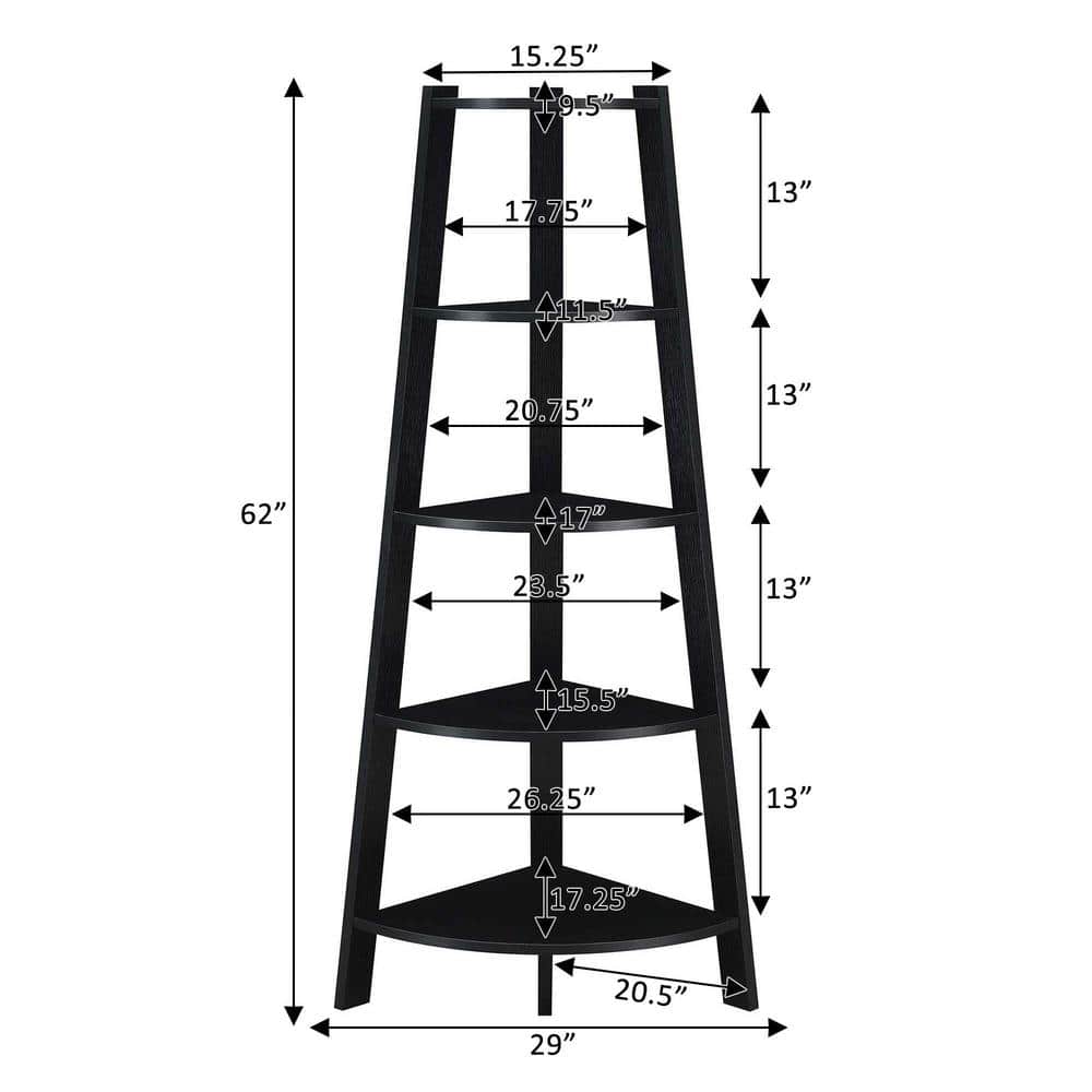 Black Wood 62" Corner Bookcase with Five Tiers