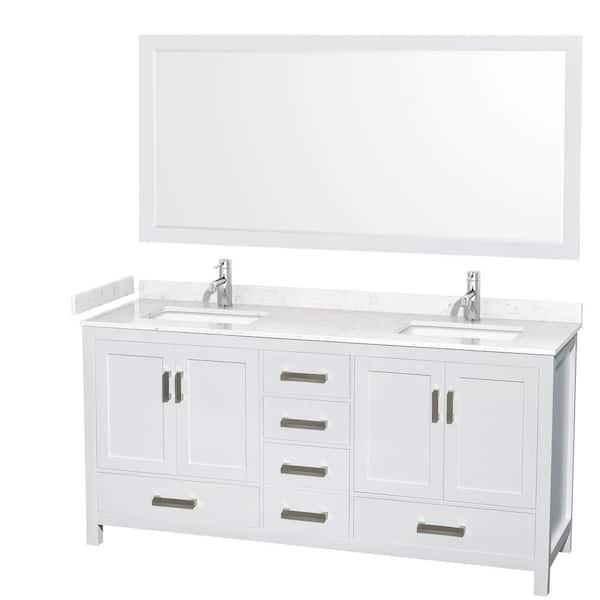 Wyndham Collection Sheffield 72 in. W x 22 in. D x 35 in. H Double Bath Vanity in White with Carrara Cultured Marble Top and 70" Mirror