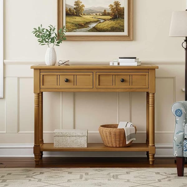 35.50 in. Natural Rectangle Solid Wood Console Table with 2-Drawers and Bottom Shelf