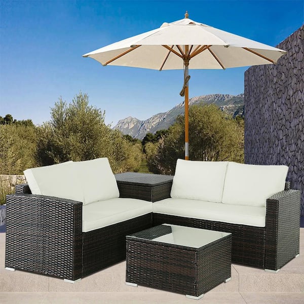 Unbranded 4-Piece Wicker Outdoor Sectional Set with Beige Cushions Patio Conversation Sofa Set