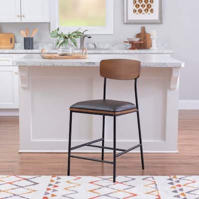 Lea 38 in. H Black and Espresso High Back Metal Counter Stool with Faux Leather Seat