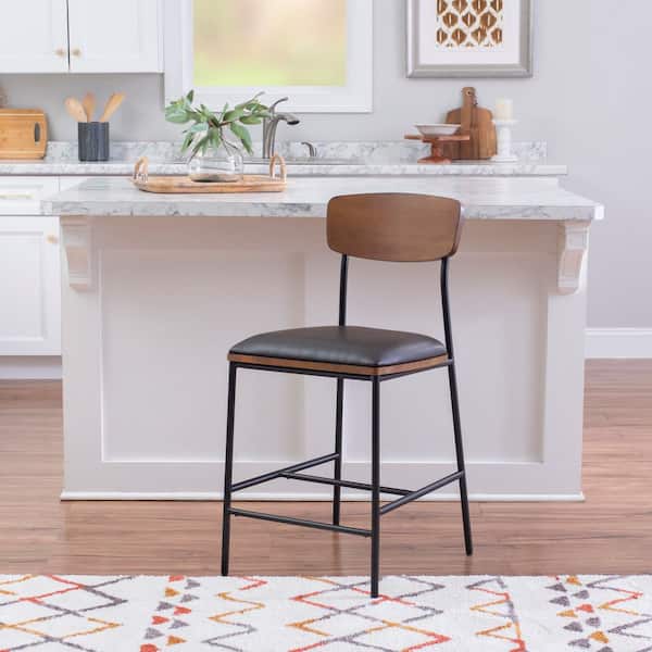Lea Black and Espresso Metal Faux Leather Non-Upholstered Counter Stool