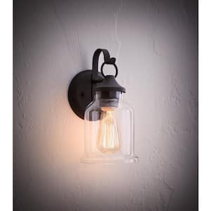Lindberry 1-Light 11.5 in. Textured Black Outdoor Wall Lantern with Clear Glass