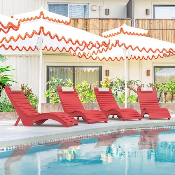 Sirena Bright Red HDPS Plastic Stackable Outdoor Chaise Lounges Patio Lounge Chair with Headrest and Sandbag Set of 4