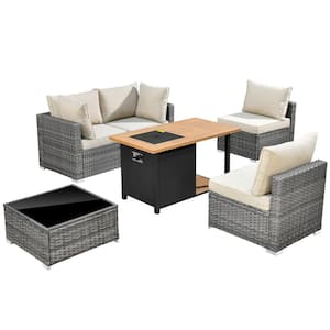 Sanibel Gray 6-Piece Wicker Outdoor Patio Conversation Sofa Sectional Set with a Storage Fire Pit and Beige Cushions