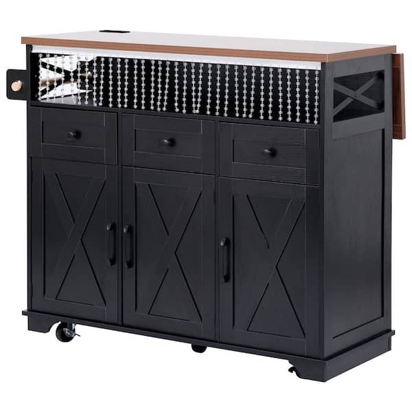 Tileon Black Wood 46 in. Farmhouse Kitchen Island, Kitchen Cart with Drape of Beads, Drop Leaf Top, Power Outlet and 3 Drawers