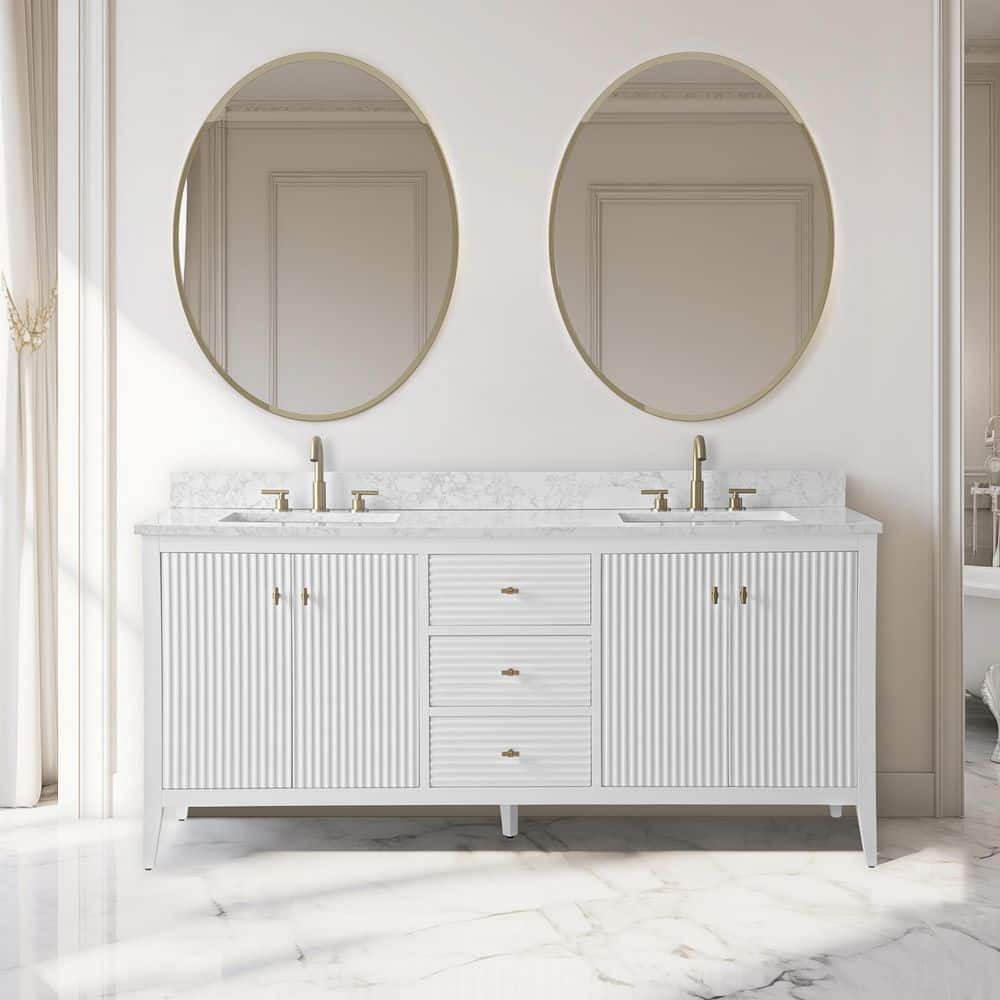 72" Linear White Double Sink Vanity with Golden Brushed Hardware