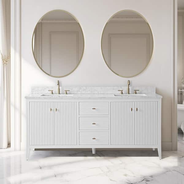 Vanity Art 72 in. W x 22 in D x 38 in. H Double Sink Bathroom Vanity Cabinet in Linear White with White Engineered Marble Top