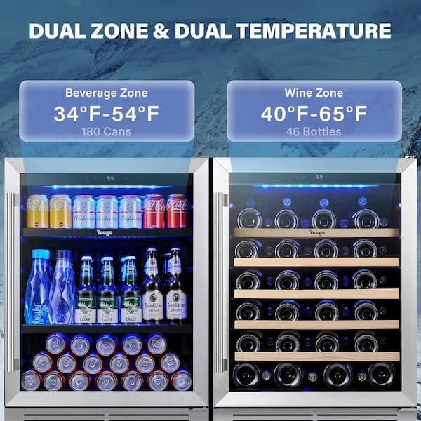 48 in. Dual Zone 52-Wine Bottles 140-Cans Beverage and Wine Cooler Side-by-Side Refrigerator Built-in Fridge in Black
