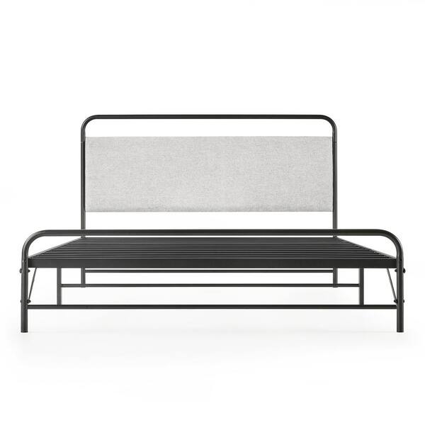 Mellow Maggie Metal Platform Bed with Upholstered Cushion Headboard, Steel Slats, Sky Gray, King