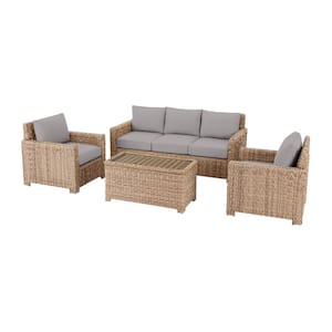 Laguna Point 4-Piece Natural Tan Wicker Outdoor Patio Conversation Seating Set with CushionGuard Stone Gray Cushions