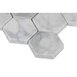 Carrara White Hexagon 4 in. x 4 in. x 10 mm Polished Marble Mesh-Mounted Mosaic Tile - 4 in. x 4 in. Tile Sample