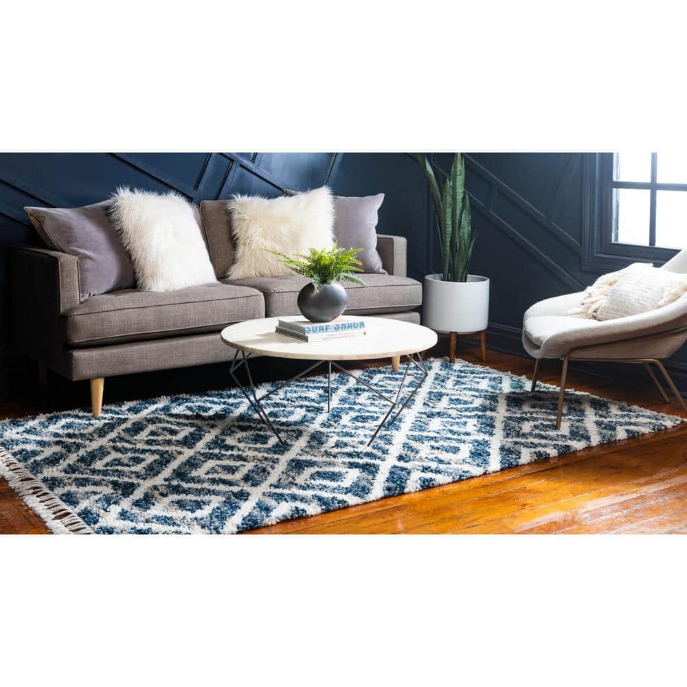 Handmade Athena Shag Geometric Blue 9' x 12' Easy-Care Area Rug