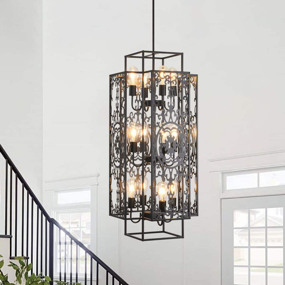 12 Light Black Classical Lantern Large Dimmable Chandelier for Staircase Kitchen Living Room Foyer, No Bulbs Included price history on PriceWatchPro